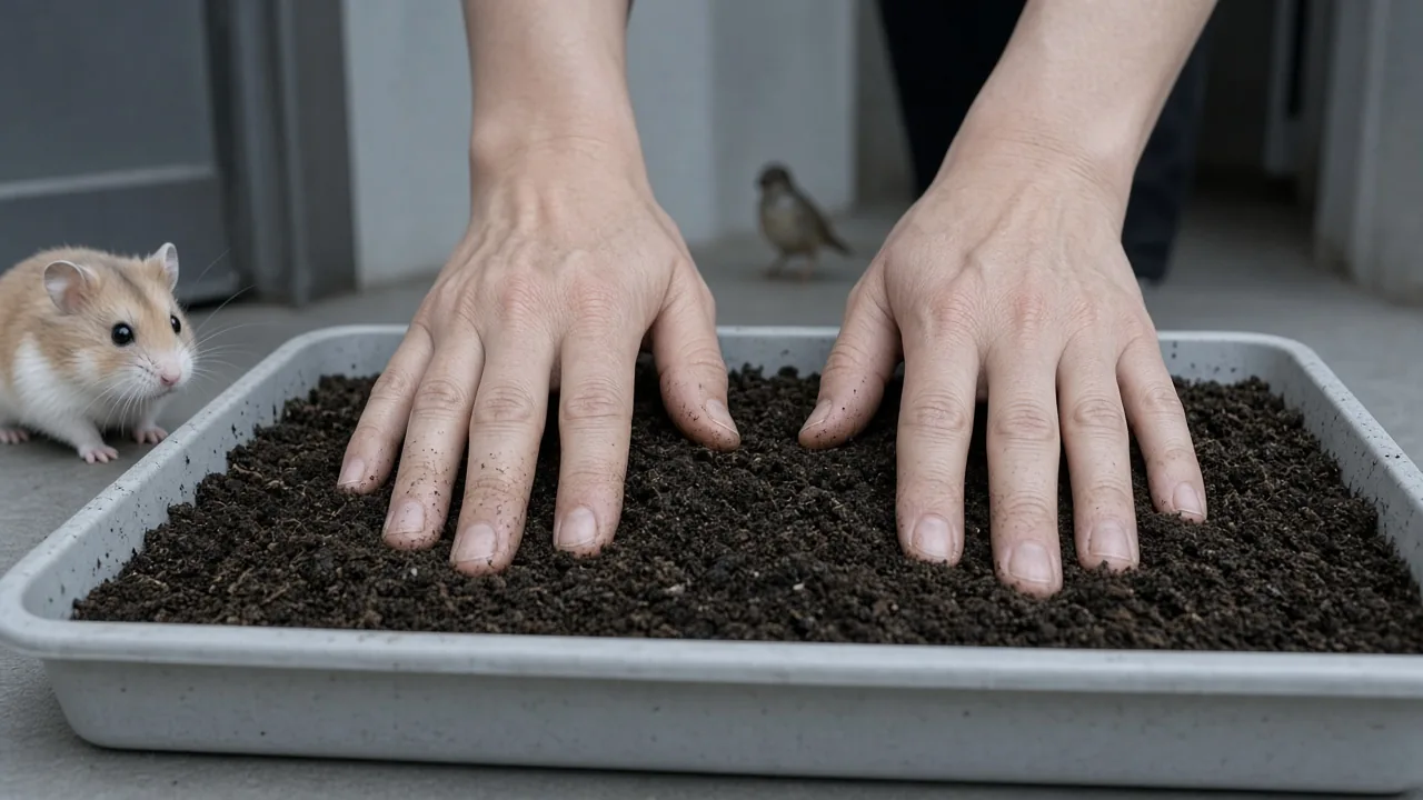 Hands packing soil in a tray for a hamster, why does my hamster keep digging out of its house