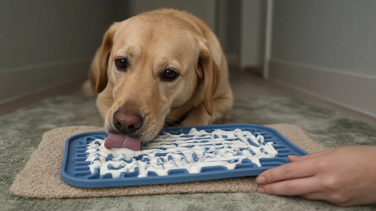 Calm dog licking yogurt from a blue silicone lick mat, showing a soothing chew-and-lick toy for puppies