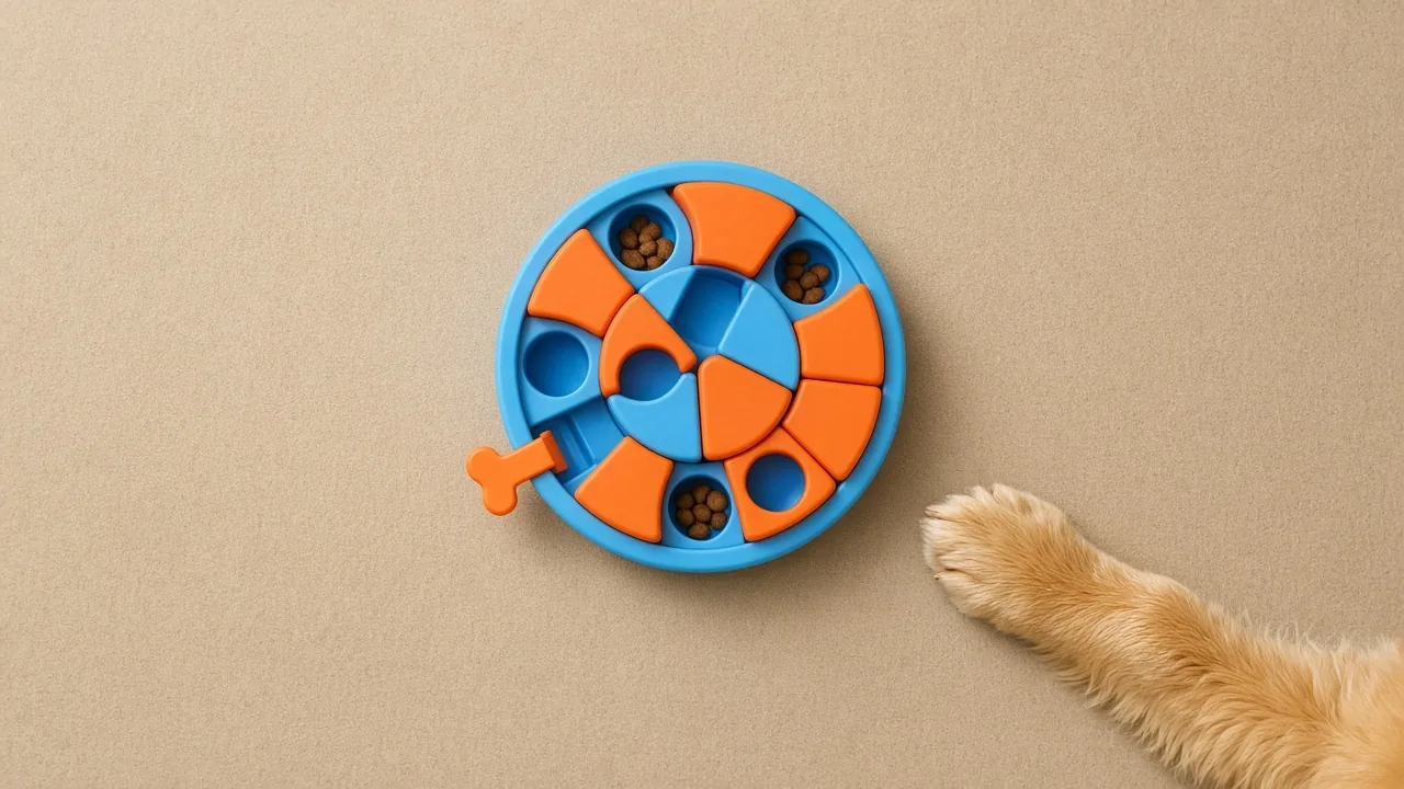 Overhead view of a puzzle toy for puppies that hides treats in its compartments, with a puppy paw resting beside it on a