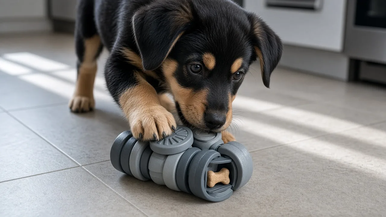 Teething puppy turning a twist dial on a rotating puzzle toy to reveal a treat, showing multi-step treat-hiding play for dogs