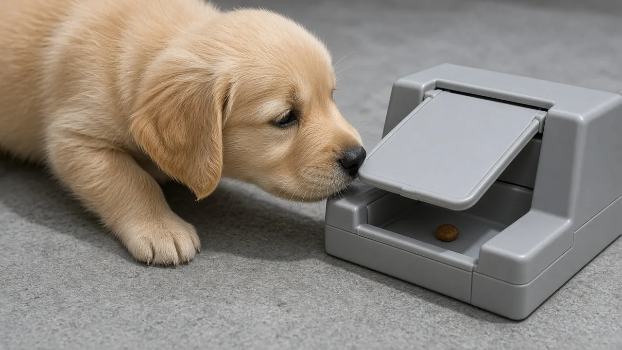 Young puppy nosing a simple lift-flap puzzle toy with a treat inside, on a grey patio, to show how a dog learns to open
