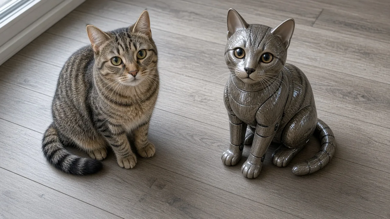 A real tabby cat and a lifelike robotic cat sitting side by side, showing whether a robotic cat can replace a real cat