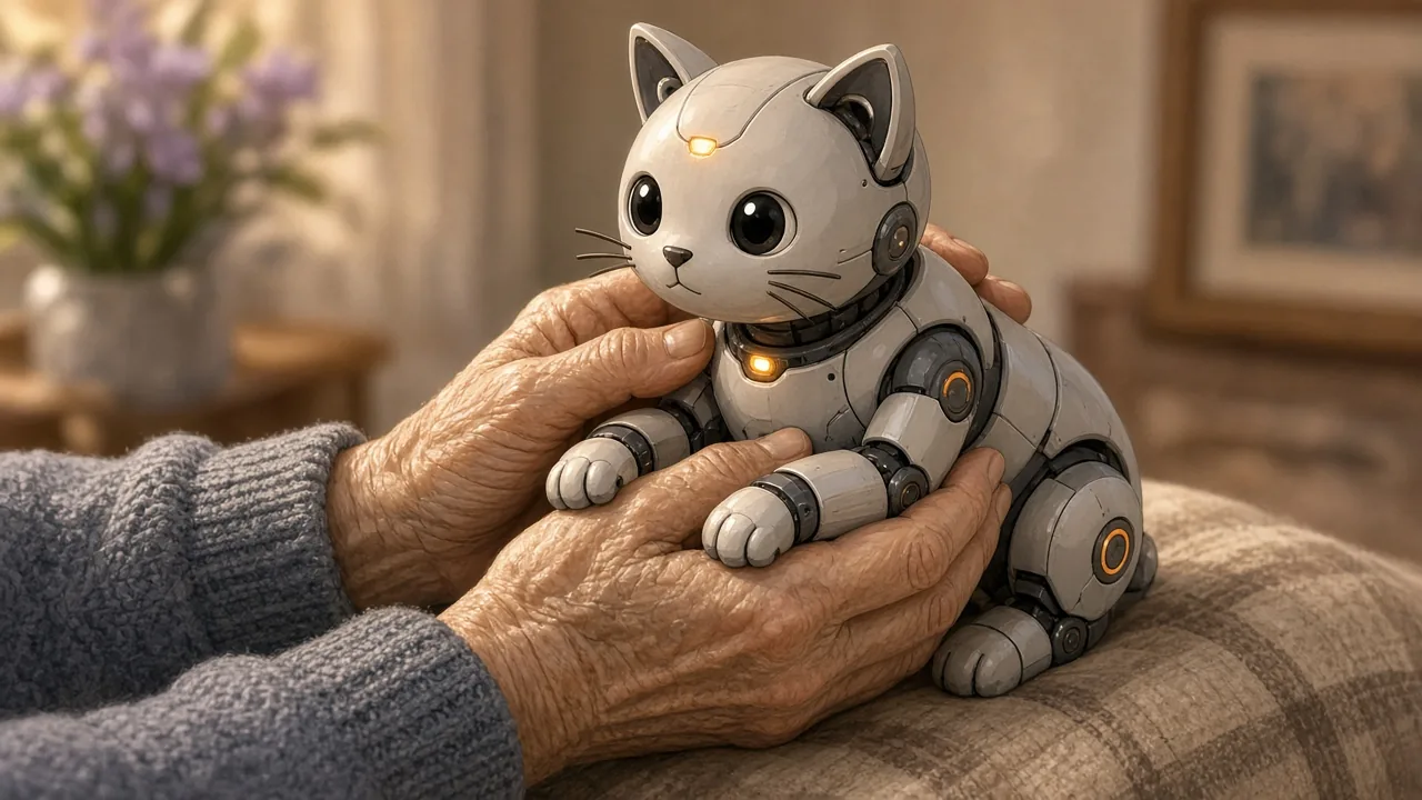 Hands holding a soft lap-sized robotic cat with realistic fur, a calming companion option for seniors