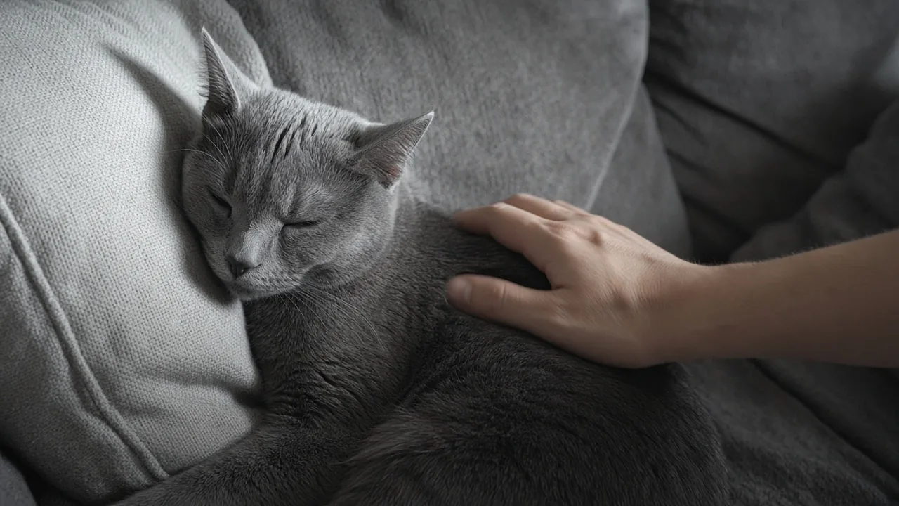 A real gray cat relaxing under a hand that gently strokes its back, showing the mutual companionship a robotic cat cannot