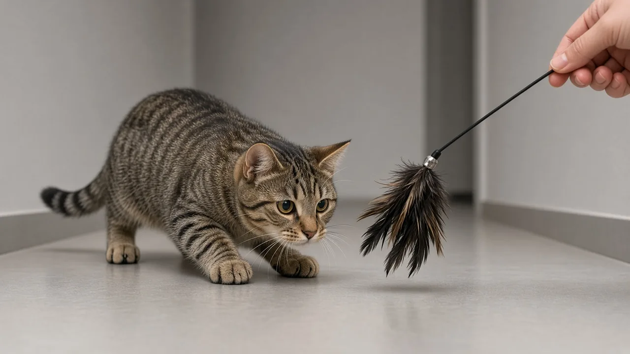 A tabby cat pouncing on a feather wand toy that satisfies its natural hunting instincts
