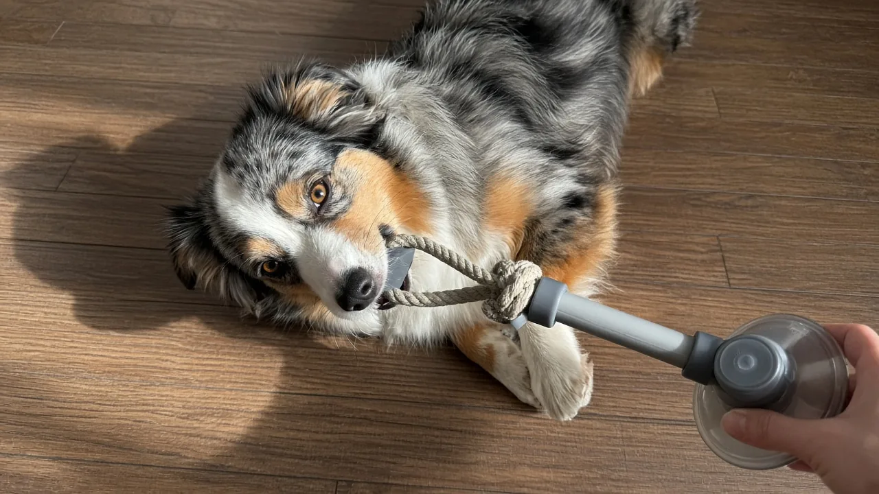 Mini Aussie dog chewing on an intact indoor tether tug toy on a hardwood floor