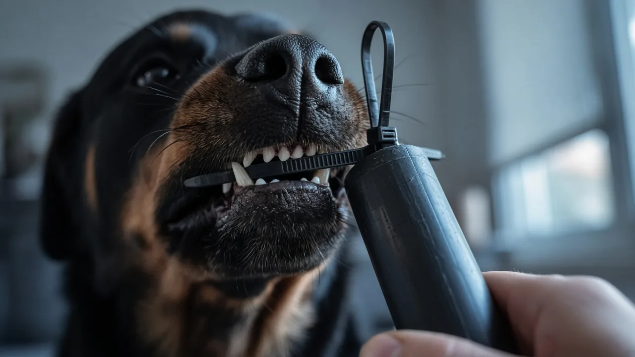 Rottweiler chewing a heavy-duty zip tie that secures the connection point of a tether tug pole