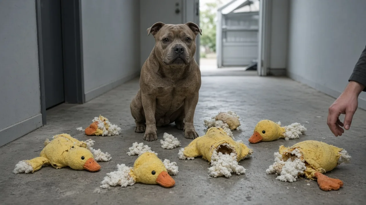Strong chewing dog on a garage floor surrounded by torn squeaky plush toys with stuffing spilling out