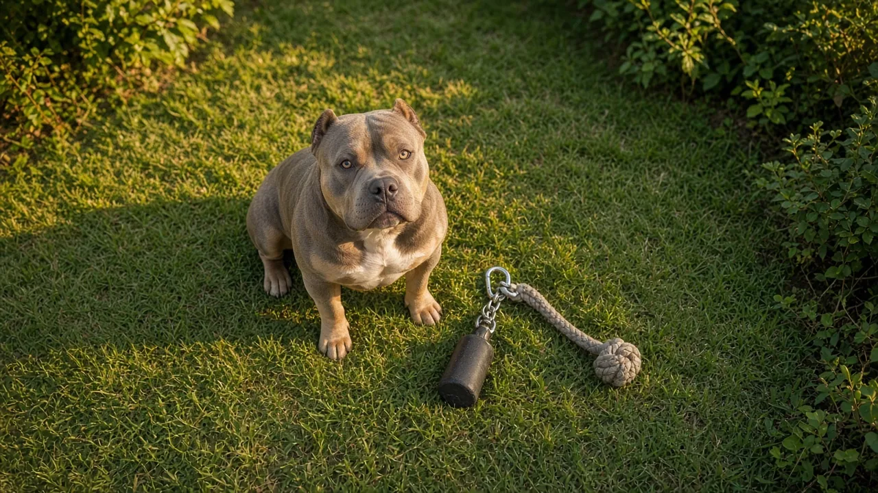 American bully dog sitting on a backyard lawn beside a durable dog tether tug toy with a metal carabiner