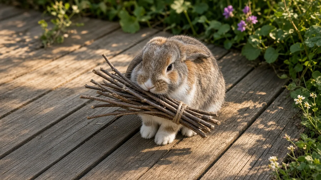 Pet rabbit chewing on a bundled twig toy outdoors on a wooden deck, free DIY chew toys for rabbits