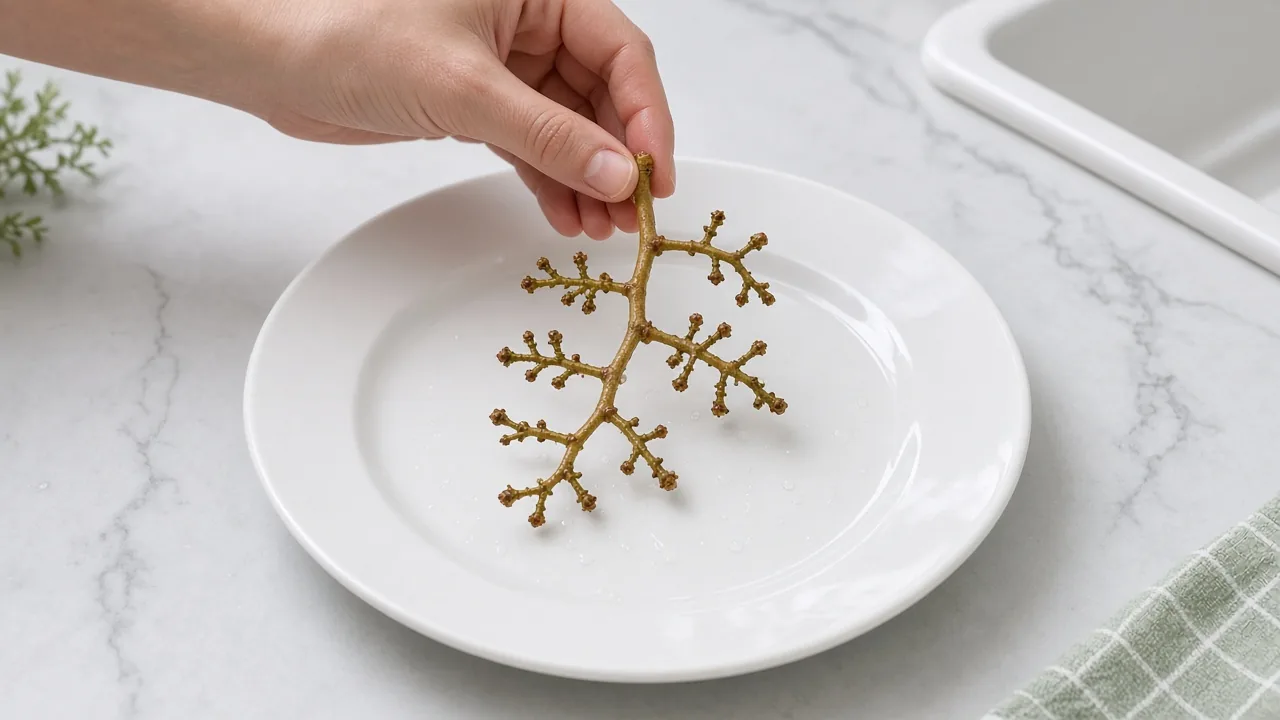 Hand placing a grape stem without grapes on a plate for rabbit chew toy, free DIY chew toys for rabbits