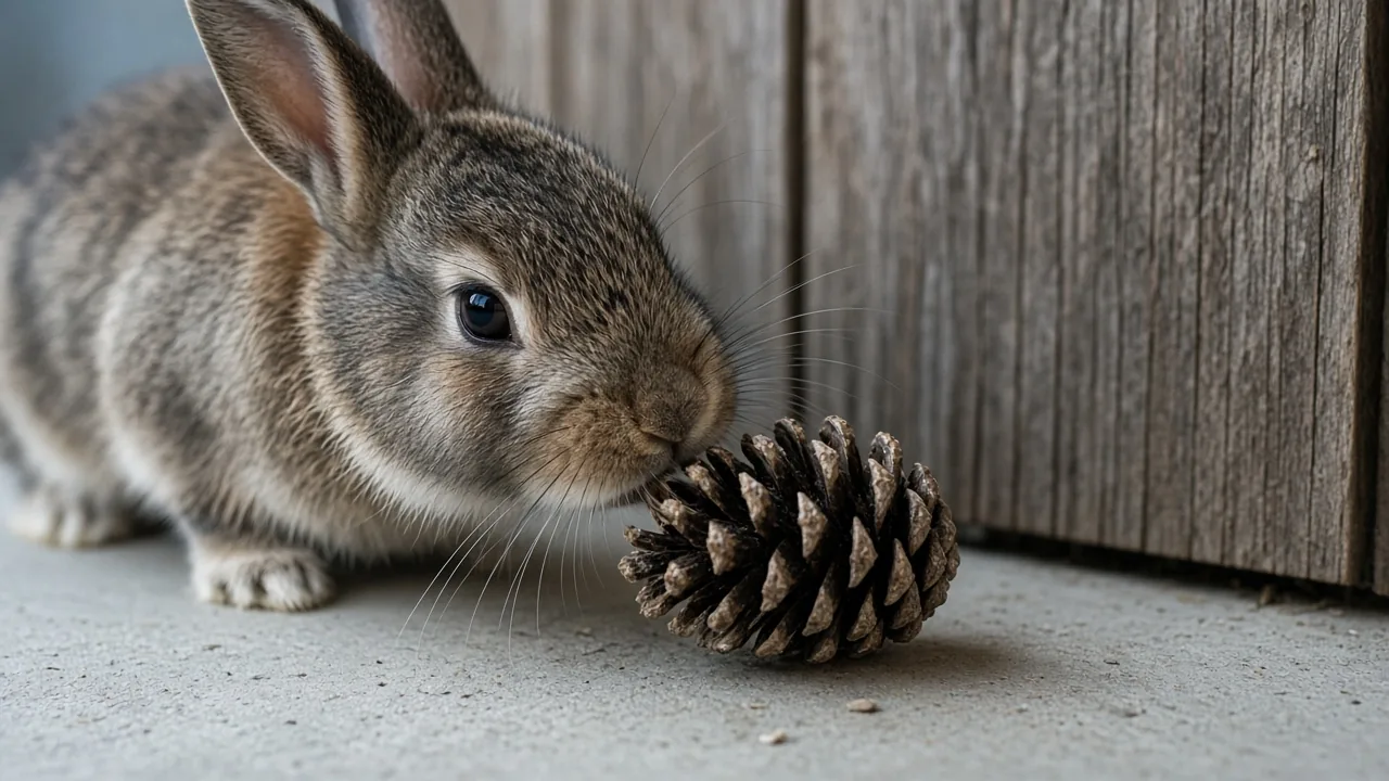 Rabbit investigating a dried pine cone on concrete, free DIY chew toys for rabbits