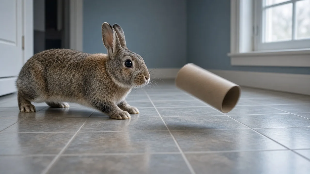 Rabbit tossing an empty cardboard tube across a tiled floor, free DIY chew toys for rabbits