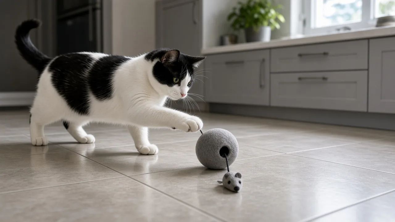 A black and white cat batting at an automatic ball toy with a dangling mouse lure on a kitchen tile floor