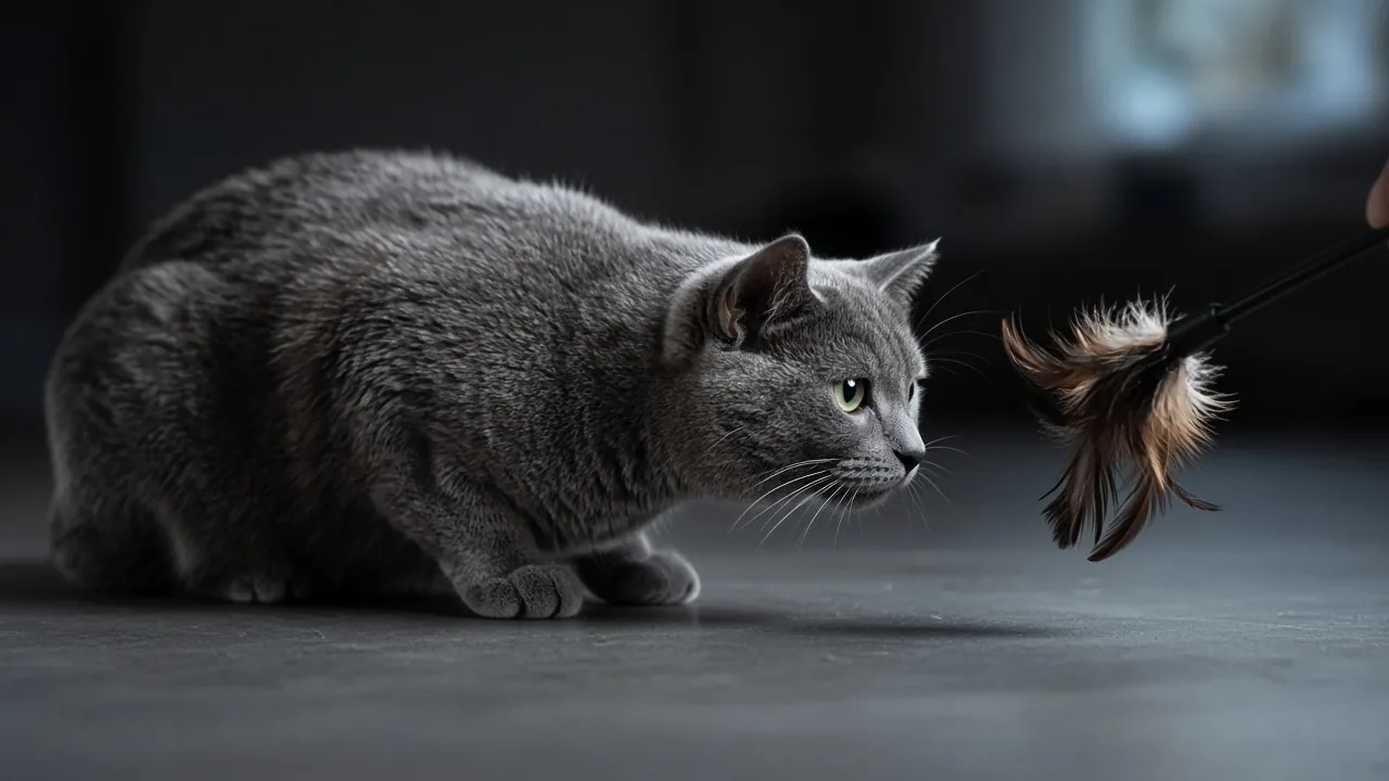 A gray cat crouching low in a stalking posture while watching a feather wand toy, showing the hunting sequence cats follow
