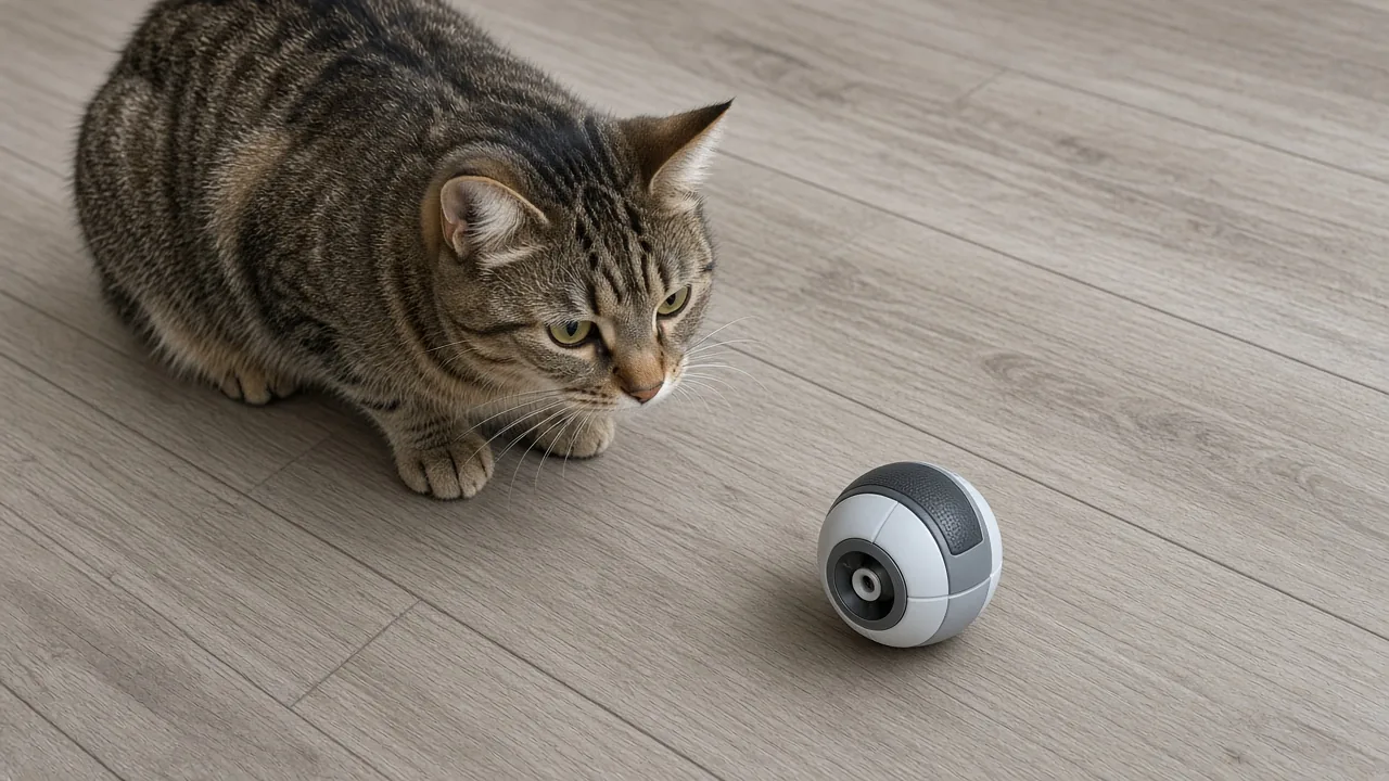 A curious tabby cat studying a motorized automatic ball toy on a wooden floor, suggesting why do cats ignore automatic cat
