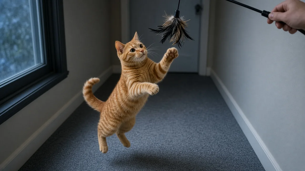An orange cat leaping to catch a feather wand toy held by a hand, showing how to play with a wand toy