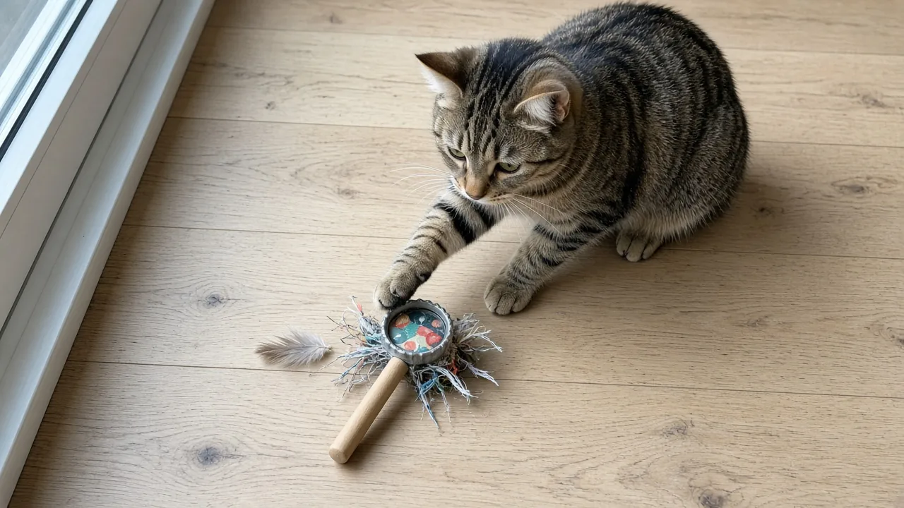 A tabby cat batting a homemade bottle-cap rattle toy on a wooden floor, showing a safe DIY cat toy for choking hazard