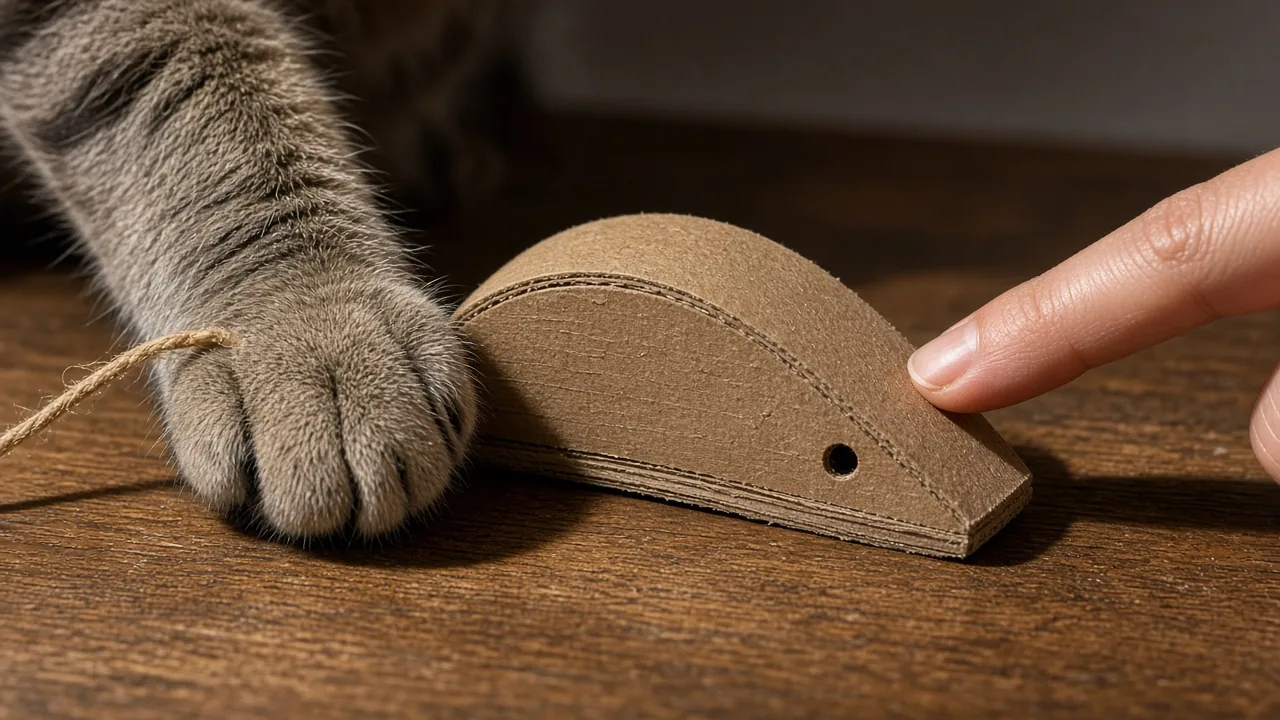 Close-up of a cat's paw next to a smooth-edged cardboard DIY cat toy, illustrating which materials are safer for cat toys