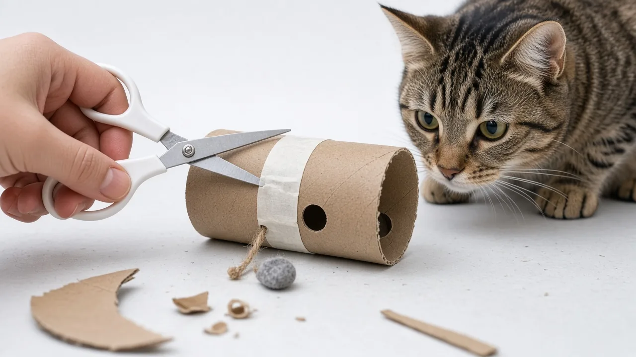 Hands trimming rough cardboard edges on a DIY cat toy to make cat toys safer during play