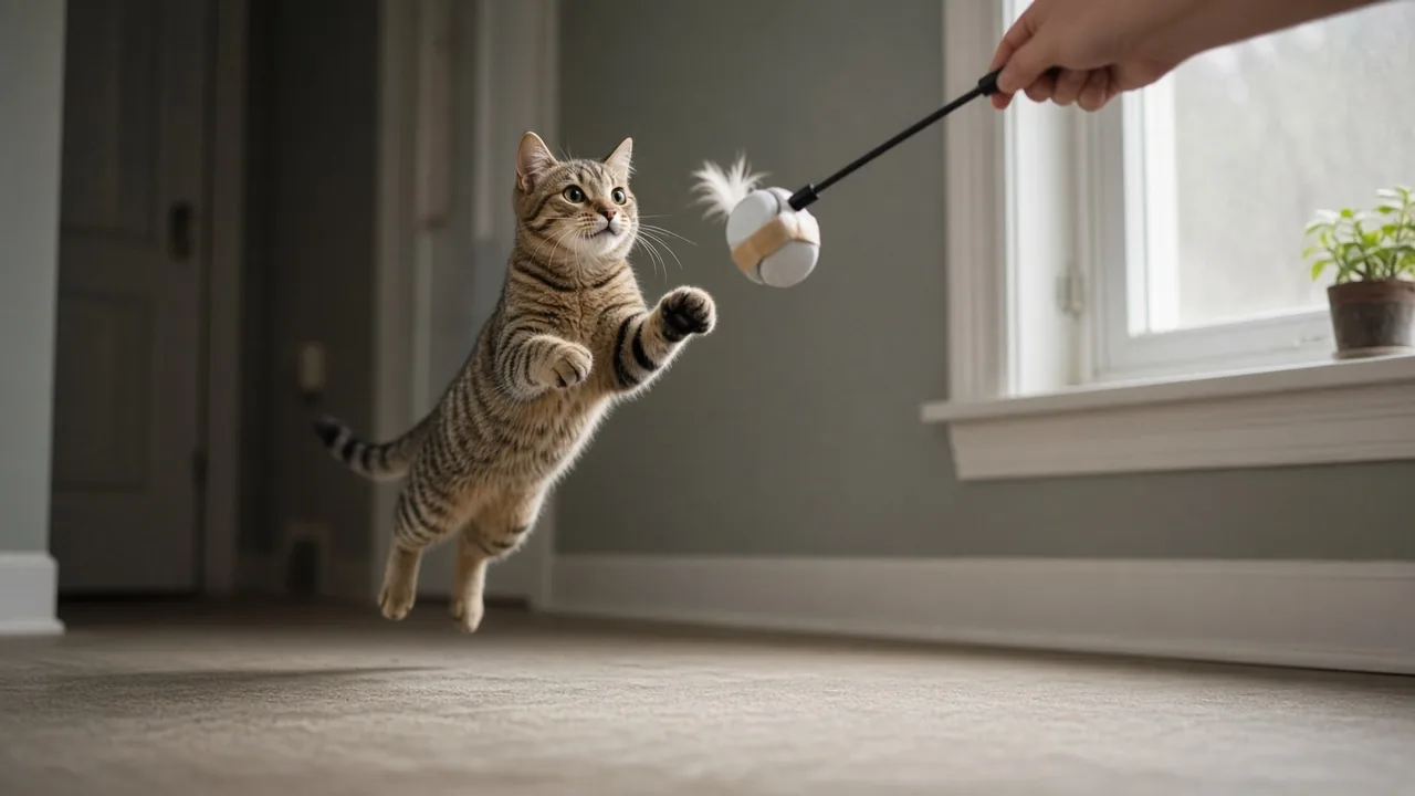 A cat leaping at a supervised DIY feather wand toy held above a windowsill, showing how to play safely