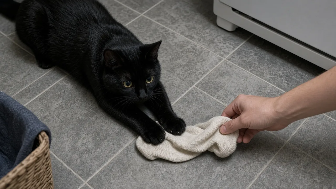 Black cat crouched on tile watching a cream sock being slowly dragged, illustrating why do cats ignore new toys and play with