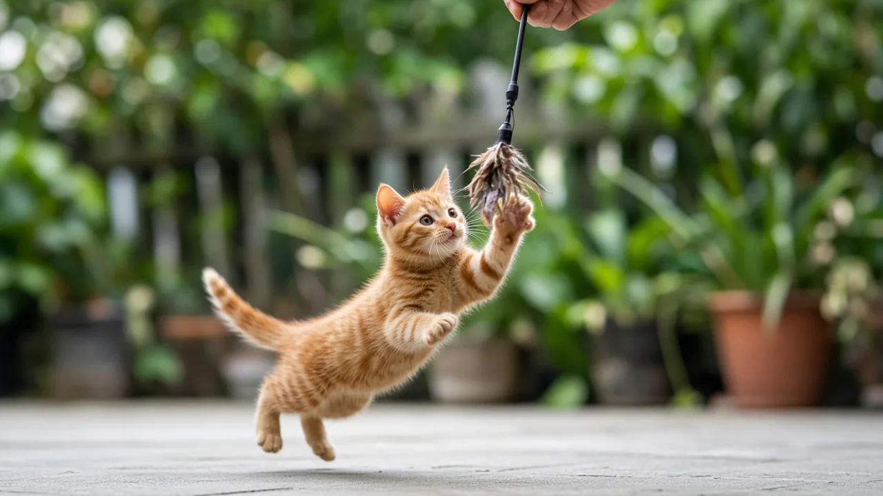 Ginger kitten leaping toward a feather wand toy held overhead on a sunny patio, showing why do cats ignore new toys and play