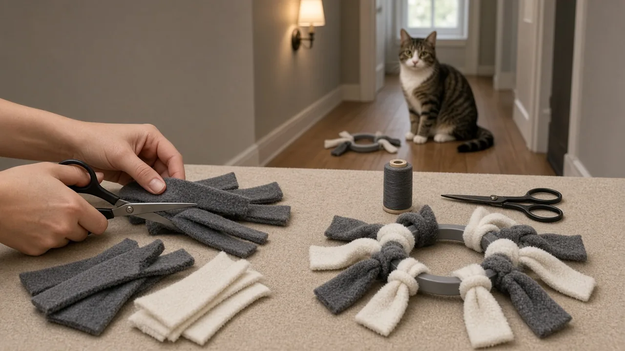 Hands tying knotted fleece strips onto a plastic ring to make a DIY cat toy spider on a craft table