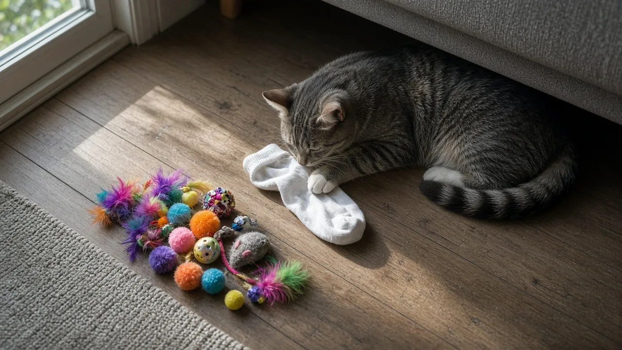Grey tabby cat resting a paw on a crumpled sock beside neglected cat toys on a wooden floor, showing why do cats ignore new