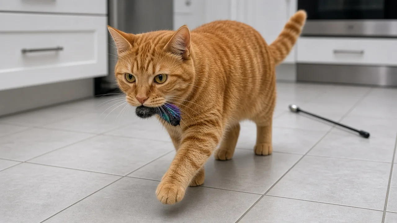 Ginger cat carrying a detached magnetic wand toy lure across a kitchen floor, showing how magnetic wand toys hold up to