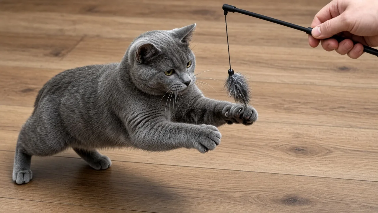 Gray cat pouncing on a fixed-string wand toy held in a hand, illustrating why cats destroy wand toys so quickly