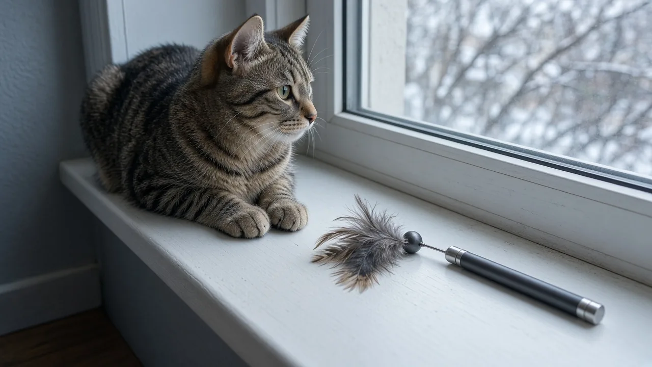 Tabby cat sitting on a windowsill next to a magnetic wand toy with a detachable lure, showing a durable wand toy that cats