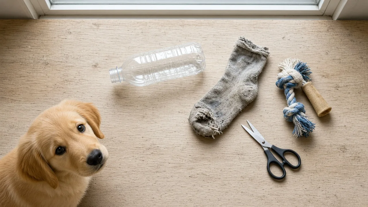 Dog toy DIY flat lay with a plastic bottle, sock and scissors next to a golden retriever puppy, checking if a plastic bottle