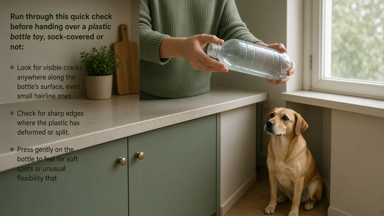 Hands inspecting a plastic bottle for cracks while a dog watches, checking if a plastic bottle is safe dog toy diy before