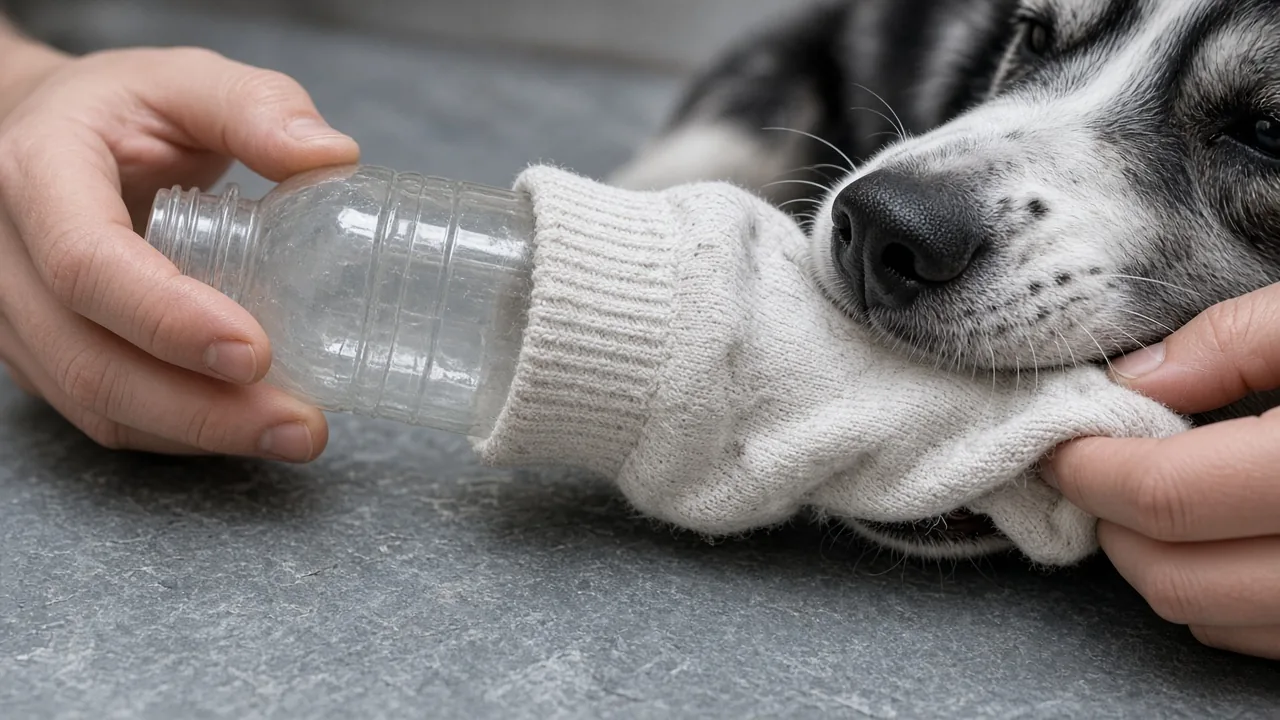 Hands sliding an empty plastic bottle into an old cotton sock as a safer plastic bottle dog toy diy method