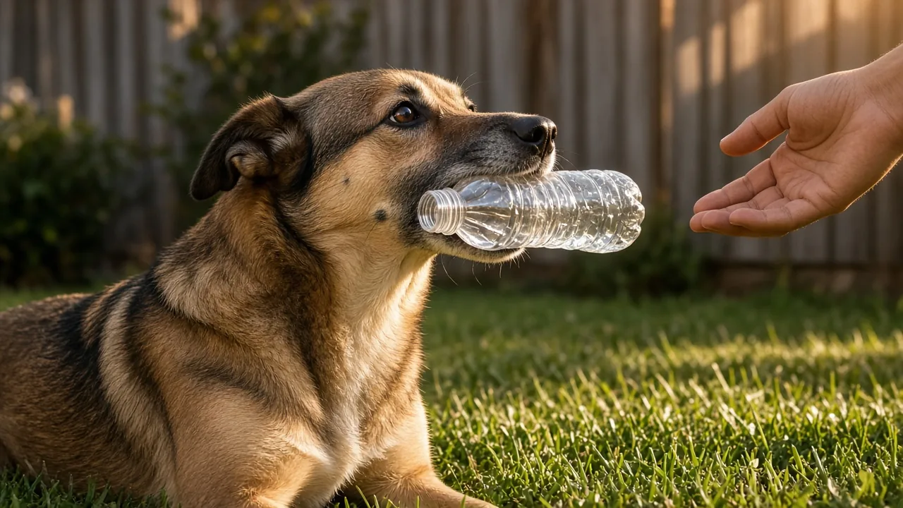 Mixed-breed dog sitting on a backyard lawn holding an empty plastic bottle, plastic bottle safe dog toy diy for the household