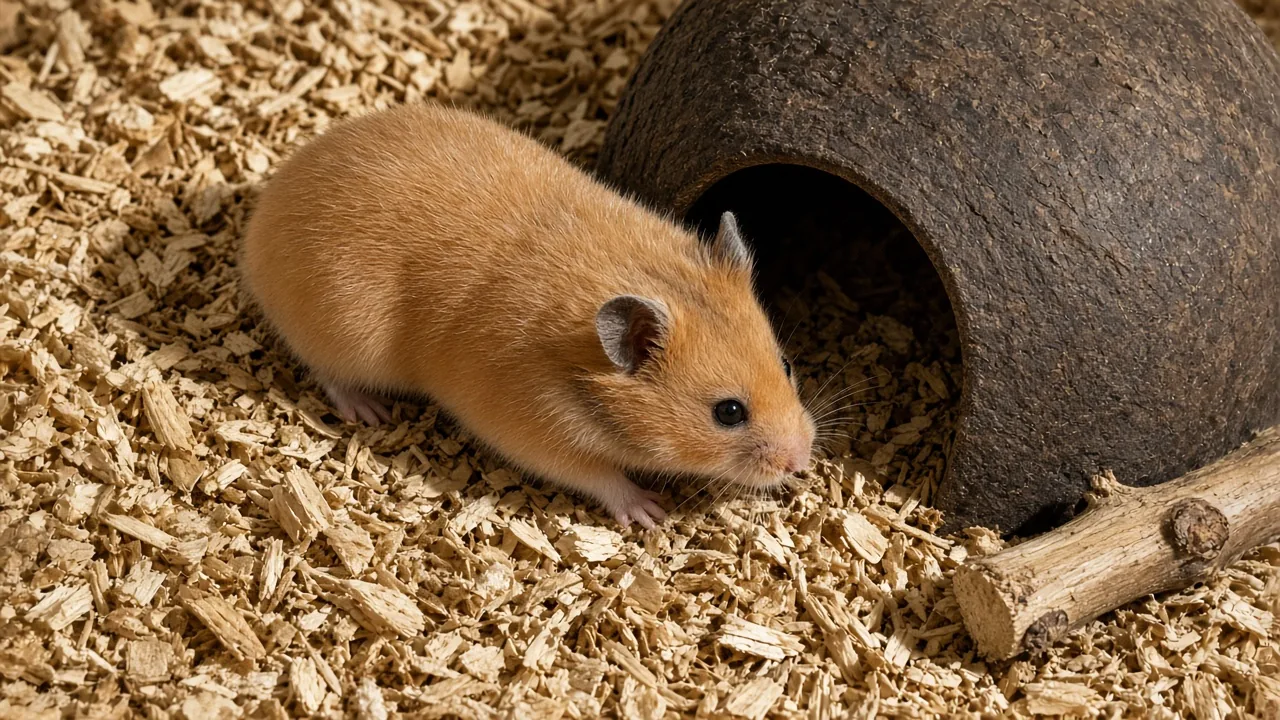 Hamster exploring open floor space with a tunnel and chew stick, showing why hamsters need an exercise wheel to be happy