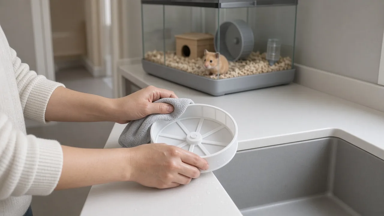 Hands wiping a hamster exercise wheel with a damp cloth as part of a regular cleaning routine for a hamster exercise wheel