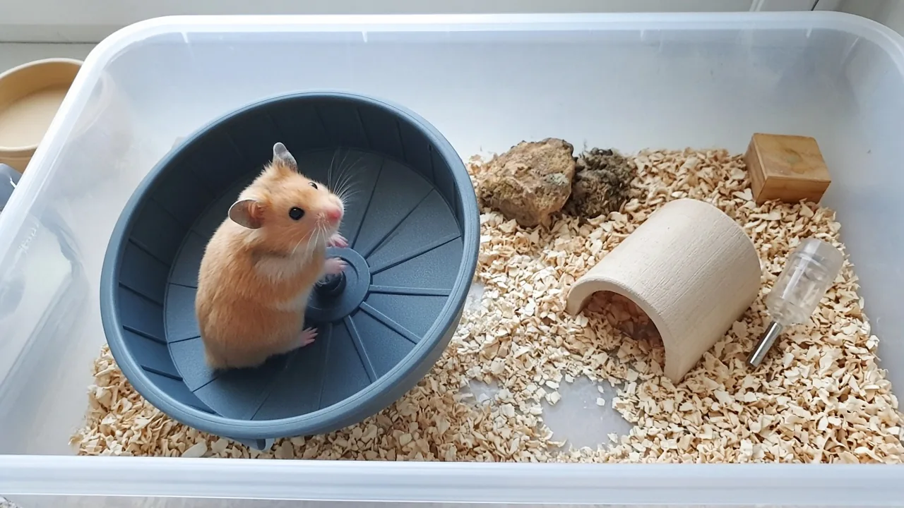 Syrian hamster resting on a solid-surface exercise wheel in its cage, showing whether do hamsters need an exercise wheel to