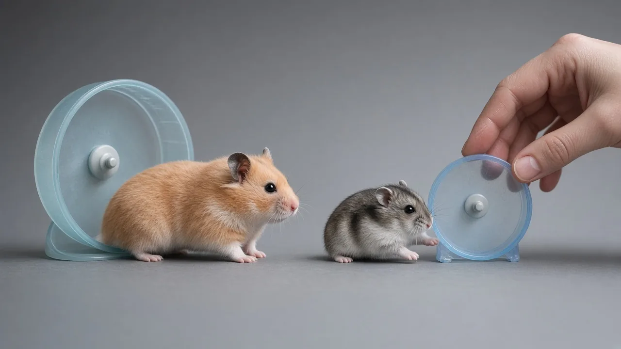 Syrian and dwarf hamsters beside two exercise wheels of different sizes for choosing the right wheel for hamsters