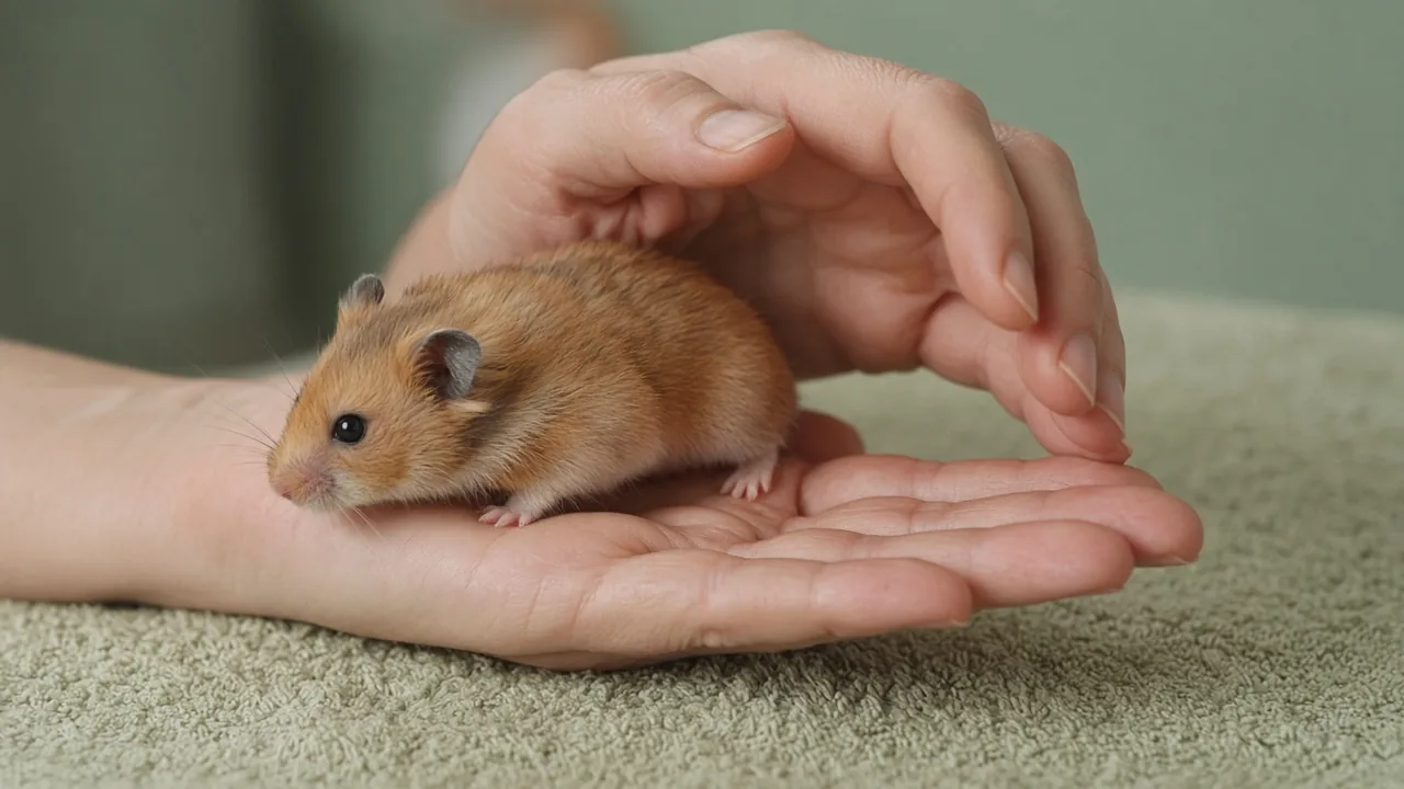 Hamster climbing onto an open palm as a second hand forms a loose cupped tunnel