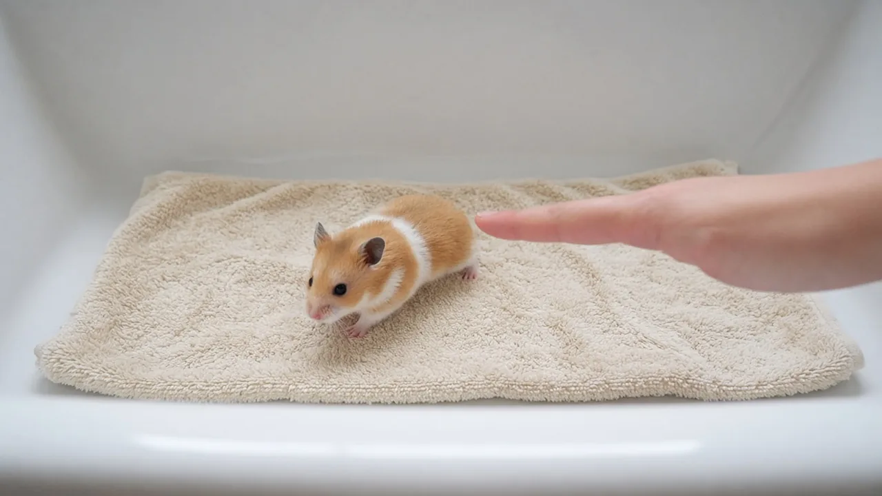 Hamster exploring a towel-lined bathtub while a hand gently approaches its back