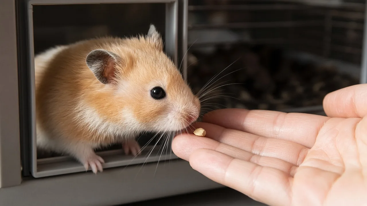 Hamster sniffing a hand holding a treat at the cage door during scent-taming