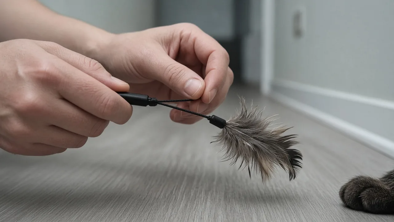 Close-up of hands checking the string on a fishing rod cat toy for fraying while a cat's paw rests at the edge of the frame