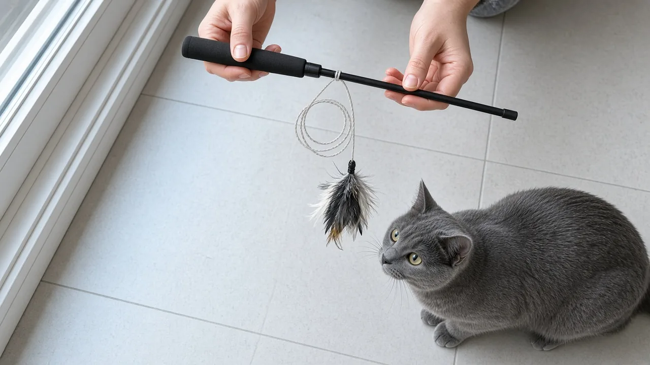 Hands holding a fishing rod cat toy over a cleared floor as a grey cat crouches to stalk, showing how to use a fishing rod