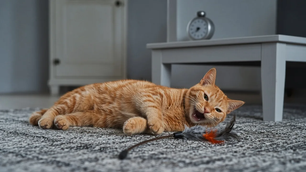 An orange cat resting on a rug after a short play session, with a fishing rod cat toy nearby and a timer on the table