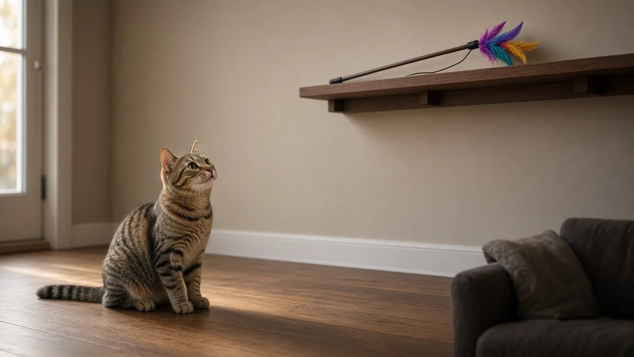 A tabby cat sitting calmly on a wooden floor while a feather wand toy rests on a high shelf out of reach, illustrating