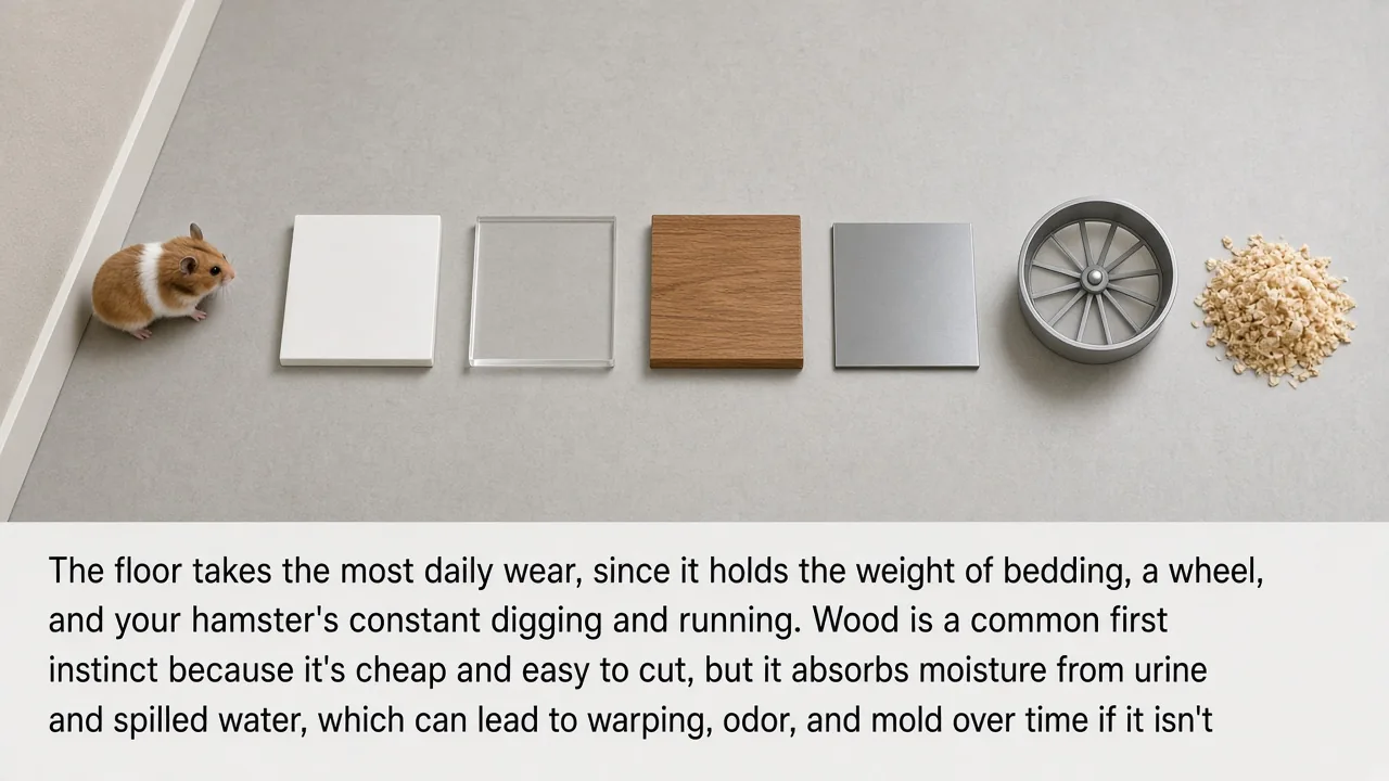 PP board, acrylic, wood, and metal base materials compared for a DIY hamster cage