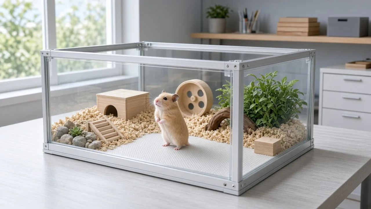 Finished DIY acrylic hamster cage with aluminum frame and a golden hamster inside, showing how to build a DIY acrylic hamster