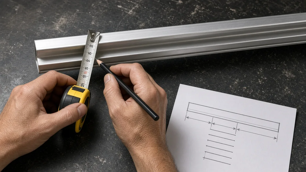 Hands measuring and marking aluminum rails for a DIY acrylic hamster cage build
